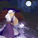  1girl belt blonde_hair brown_belt closed_mouth commentary_request dress flat_chest full_moon hat highres kaigen_1025 long_hair long_sleeves moon night outdoors sketch solo touhou watatsuki_no_toyohime white_dress white_headwear yellow_eyes 
