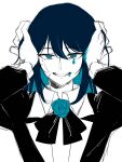  1girl absurdres ado_(utaite) bandaid bandaid_on_face black_bow black_bowtie blue_eyes blue_flower blue_hair blue_rose bow bowtie chando_(ado) clenched_teeth cloud_nine_inc collared_shirt colored_inner_hair commentary dress_shirt flower flower_brooch gloves hair_between_eyes hands_on_own_head highres limited_palette long_sleeves looking_at_viewer mole mole_under_eye multicolored_hair rose shirt simple_background solo teardrop_facial_mark teeth tsukuno_tsuki two-tone_hair utaite villain_(vocaloid) white_background white_gloves white_shirt 