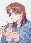  1boy absurdres animal blue_sweater brown_hair cable_knit closed_mouth fingernails grey_background grey_eyes hamster highres holding holding_animal ichijou_seiya joukyou_seikatsuroku_ichijou kaiji korean_text long_hair looking_at_animal male_focus medium_bangs ninjin parted_bangs simple_background solo sweater upper_body wavy_mouth 