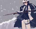  1boy anniao4 arknights black_coat black_gloves black_hair book brown_eyes chinese_commentary coat coat_on_shoulders commentary_request cowboy_shot formal glasses gloves gnosis_(arknights) gnosis_(elite_ii)_(arknights) grey_sky hat highres holding holding_book holding_staff jacket looking_at_viewer male_focus mountainous_horizon multicolored_hair necktie open_book pants redhead short_hair sky snowing solo staff streaked_hair suit thigh_strap white_headwear white_jacket white_necktie white_pants white_suit 