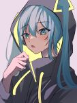  1girl absurdres aqua_eyes aqua_hair black_hoodie blush commentary grey_background hair_between_eyes hatsune_miku highres hood hood_up hoodie long_hair looking_at_viewer open_mouth simple_background solo tsukuno_tsuki twintails upper_body vocaloid 