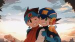  2boys 3suisousui bandana blue_headband blue_headwear blue_sky bodysuit brothers brown_eyes brown_hair cheek-to-cheek commentary_request dawn green_eyes hand_on_another&#039;s_shoulder headband heads_together helmet highres lan_hikari_(mega_man) male_focus mega_man_(series) mega_man_battle_network_(series) megaman.exe multiple_boys one_eye_closed orange_sky short_hair siblings sky smile spiky_hair teeth vest 