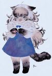  1girl absurdres ahoge animal_ears barefoot black_hair blue_bow blue_bowtie blue_dress blue_eyes body_fur bow bowtie brown_fur cat_ears cat_girl cat_tail dress expressionless fewer_digits fur_scarf furry furry_female grey_background grey_fur grey_hair hands_up highres long_hair looking_at_viewer multicolored_hair original pawpads pole_mura simple_background slit_pupils solo standing tachi-e tail wavy_hair white_hair 