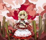  1girl blonde_hair closed_mouth clouds commentary_request cowboy_shot ebisu_eika frilled_skirt frills highres holding_rock kaigen_1025 long_earlobes long_hair no_nose outdoors puffy_short_sleeves puffy_sleeves red_eyes red_sky shirt short_sleeves skirt skirt_set sky solo touhou white_shirt white_skirt 