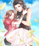  1boy 1girl aerith_gainsborough belt black_belt black_gloves black_hair black_sweater blue_eyes blue_sky bracelet brown_hair clouds cloudy_sky commentary_request couple cropped_jacket cross_scar day dress falling_petals final_fantasy final_fantasy_vii frilled_dress frills gloves green_eyes hair_ribbon hand_on_another&#039;s_back hand_on_another&#039;s_shoulder hands_up happy highres holding_hands jacket jewelry kneeling long_hair looking_to_the_side medium_hair multiple_belts on_lap one_eye_closed open_clothes open_jacket open_mouth outdoors parted_bangs parted_lips partial_commentary petals pink_dress pink_ribbon ream_(arua) red_jacket ribbon scar scar_on_cheek scar_on_face short_sleeves sitting sitting_on_lap sitting_on_person sky sleeveless sleeveless_turtleneck smile spiky_hair sweater turtleneck v-neck wavy_hair yellow_petals zack_fair 