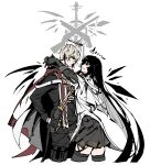  1boy 1girl absurdres ahoge arched_back arknights arms_around_neck arms_up black_coat black_eyes black_garter_straps black_gloves black_hair black_halo black_pants black_wings blonde_hair blunt_bangs breasts broken_halo cable cloak closed_mouth coat collared_jacket colored_inner_hair commentary cousins cowboy_shot cropped_legs crossed_bangs dark_halo detached_wings doctahmem earpiece energy_wings executor_(arknights) executor_the_ex_foedere_(arknights) expressionless eye_contact finger_on_trigger fingerless_gloves flat_color from_side garter_straps glove_cuffs gloves grey_gloves grey_hair grey_skirt grey_sleeves grey_thighhighs gun hair_between_eyes halo hand_up highres hime_cut holding holding_gun holding_weapon hug jacket layered_sleeves lever_action light_smile logo long_bangs long_hair long_sleeves looking_at_another looking_down looking_up mechanical_halo mechanical_wings messy_hair miniskirt mole mole_under_eye multicolored_cloak multicolored_hair muted_color official_alternate_costume pale_skin pants pleated_skirt pointing_gun pouch profile red_cloak short_hair short_over_long_sleeves short_sleeved_jacket short_sleeves shotgun sidelocks simple_background skirt smile standing straight_hair strap striped symbol-only_commentary thigh-highs thigh_pouch thigh_strap two-tone_cloak two-tone_hair vertical_stripes very_long_hair virtuosa_(arknights) weapon white_background white_cloak white_jacket wide_sleeves wings yellow_pupils zettai_ryouiki 