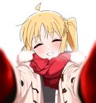  1girl ahoge alternate_costume blonde_hair blurry blush bocchi_the_rock! closed_eyes coat commentary_request depth_of_field detached_ahoge duffel_coat facing_viewer fur-trimmed_coat fur_trim grin hair_between_eyes halo highres ijichi_nijika kihamu_11 long_hair looking_to_the_side meme nejime one_side_up open_clothes open_coat open_mouth pov pov_cheek_warming_(meme) reaching reaching_towards_viewer red_scarf scarf side_ponytail smile solo upper_body violet_eyes white_background white_coat white_hair 