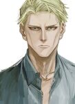  1boy blonde_hair blue_eyes blue_shirt collarbone collared_shirt expressionless jujutsu_kaisen looking_at_viewer male_focus mineco000 nanami_kento shirt short_hair solo upper_body 