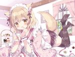  1girl :d animal_ear_fluff animal_ears apron azumi_kazuki black_skirt black_thighhighs blurry blurry_background blush brown_eyes brown_hair checkerboard_cookie commentary_request cookie curtains depth_of_field floral_print food frilled_apron frilled_skirt frilled_sleeves frills hair_between_eyes holding holding_spoon indoors japanese_clothes kimono long_sleeves looking_at_viewer lying maid maid_headdress nail_polish no_shoes on_stomach original pink_kimono pink_nails print_kimono sample_watermark skirt smile soles solo spoon tail thigh-highs tiered_tray wa_maid watermark white_apron wide_sleeves window 