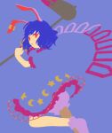  1girl animal_ears blending bloomers blue_hair commentary_request crescent_print dress earclip frilled_dress frills highres kaigen_1025 medium_hair no_lineart no_nose parted_lips puffy_short_sleeves puffy_sleeves purple_bloomers purple_socks rabbit_ears red_eyes seiran_(touhou) short_sleeves socks solo star_(symbol) star_print touhou 