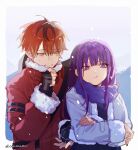  1boy 1girl :t angry black_hair blunt_bangs closed_mouth cloudkourin coat crossed_arms fern_(sousou_no_frieren) fur-trimmed_jacket fur-trimmed_sleeves fur_trim highres jacket long_hair long_sleeves official_alternate_costume pout purple_hair purple_pupils scarf short_hair sidelocks sousou_no_frieren stark_(sousou_no_frieren) straight_hair violet_eyes winter_clothes 