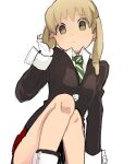  1girl blonde_hair closed_mouth gloves green_eyes green_necktie highres hira legs long_hair long_sleeves looking_at_viewer maka_albarn necktie pleated_skirt red_skirt simple_background skirt solo soul_eater striped_necktie twintails white_background white_gloves 