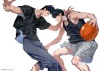  2boys armpit_peek arms_up ball basketball basketball_(object) black_eyes black_hair black_shirt black_tank_top blue_eyes blue_pants closed_mouth clothes_lift eye_contact face-to-face feet_out_of_frame grey_shorts highres holding holding_ball looking_at_another male_focus midriff_peek motion_blur multiple_boys niarwol pants parted_lips pectorals playing_sports rukawa_kaede sendou_akira shirt short_hair shorts sidepec simple_background slam_dunk_(series) smile spiky_hair sweat tank_top toned toned_male white_background 