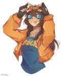  1girl :p black_gloves blue_one-piece_swimsuit blush brown_hair eyewear_on_head fingerless_gloves gloves guilty_gear guilty_gear_strive highres jacket long_hair may_(guilty_gear) mil17459623 one-piece_swimsuit orange_jacket smile sunglasses swimsuit tongue tongue_out 