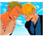  2boys angry black_jacket black_necktie blue_shirt blue_sky brown_eyes cigarette clenched_teeth clouds colored_skin commentary earrings green_hair head_bump highres jacket jewelry kzwtr8 male_focus mature_male multiple_boys necktie one_piece roronoa_zoro sanji_(one_piece) shirt sky suit_jacket tan teeth white_background white_shirt white_skin 