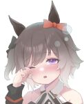  1girl animal_ears blush bow curren_chan_(umamusume) ear_bow ear_ribbon grey_hair horse_ears horse_girl long_sleeves looking_at_viewer luoyezi one_eye_closed open_mouth red_bow rubbing_eyes simple_background solo teeth umamusume upper_body upper_teeth_only violet_eyes white_background 