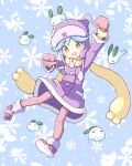  1girl arm_up blue_hair blush_stickers brown_eyes fang full_body gloves highres jazz_grace open_mouth pantyhose pink_gloves pink_pantyhose pom_pom_(clothes) purple_footwear purple_headwear puyopuyo puyopuyo_quest ruda_(puyopuyo) scarf short_hair skin_fang snow_rabbit snowflakes solo yellow_scarf 