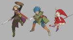  1girl 2boys arm_up bag belt black_shirt blue_bracelet blue_eyes blue_hair blue_pants braid brown_footwear brown_hair camus_(dq11) closed_mouth coat dagger dragon_quest dragon_quest_xi green_coat green_footwear grey_eyes hero_(dq11) highres holding holding_dagger holding_knife holding_shield holding_staff holding_sword holding_weapon hood hooded_coat knife long_sleeves multiple_boys orange_socks orushibu pants purple_coat purple_footwear red_headwear satchel shield shirt smile socks spiky_hair staff sword twin_braids veronica_(dq11) weapon wooden_shield 