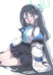 1girl absurdly_long_hair absurdres aris_(blue_archive) black_hair blue_archive blue_eyes highres long_hair olecafe2 simple_background skirt solo very_long_hair white_background 
