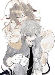  1boy 1girl :d ? ahoge black_necktie blue_archive closed_eyes coffee_mug collared_shirt cup fang grey_hair grey_shirt hair_intakes halo highres holding holding_cup horns hug hug_from_behind kasumi_(blue_archive) light_blush long_sleeves mug musical_note necktie ran_(bearsoymilk) sensei_(blue_archive) shirt simple_background sketch skin_fang smile spitting upper_body white_background 