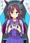  1girl animal_ears bow brown_hair chair closed_mouth commentary_request controller ear_bow gaming_chair hair_ornament hairclip headset highres holding holding_controller horse_ears horse_girl long_hair looking_at_viewer mejiro_dober_(umamusume) playing_games pleated_skirt purple_serafuku purple_shirt purple_skirt sailor_collar school_uniform serafuku shirt sitting skirt solo swivel_chair tracen_school_uniform umamusume violet_eyes wahiko_(black_bastard) white_bow 