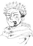  1boy blood blood_on_face closed_mouth greyscale hood hood_down hoodie ism_ppp itadori_yuuji jujutsu_kaisen male_focus monochrome scar scar_on_face short_hair simple_background solo teeth upper_body 