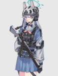  1girl absurdres animal_ears bandage_on_face bandages blue_archive blue_jacket blue_skirt chest_rig combat_helmet gar32 grey_background gun helmet highres jacket looking_at_viewer miyako_(blue_archive) optical_sight rabbit_ears skirt solo submachine_gun suomi_kp/-31 suppressor violet_eyes weapon 