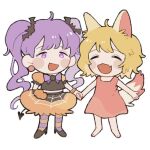  2girls ahoge animal_ears arm_at_side barefoot bat_hair_ornament black_shirt black_skirt blonde_hair blush_stickers bow bowtie chibi demon_tail dress earrings fang full_body hair_ornament high_heels holding_hands jewelry komachi_(koma_106) mahou_shoujo_minky_pinky midriff multiple_girls napoli_no_otokotachi no_sclera open_mouth orange_bracelet orange_skirt outstretched_arms pantyhose pele_(napoli_no_otokotachi) pink_dress print_skirt purple_bow purple_bowtie purple_hair shirt skin_fang skirt sleeveless sleeveless_dress smile spider_web_print spread_arms standing striped striped_pantyhose tail tareme twintails two-tone_pantyhose two-tone_skirt violet_eyes 