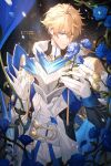  1boy armor blonde_hair blue_eyes blue_flower chinese_text commentary flower gepard_landau gloves hair_between_eyes highres honkai:_star_rail honkai_(series) long_sleeves looking_down male_focus parted_lips short_hair solo symbol-only_commentary white_gloves wuren_daoshang_dekezong 