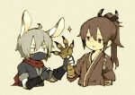  2boys ahoge animal_ears animal_hands arm_at_side black_ribbon brown_eyes brown_hair brown_kimono claws commentary_request covered_mouth cropped_torso dot_nose fewer_digits fingerless_gloves gloves grey_background grey_gloves grey_hair hair_between_eyes hair_ribbon hand_up hands_up high_ponytail japanese_clothes kagari_(maniani) kimono long_hair looking_at_another male_focus maniani mask mouth_mask multiple_boys ninja_mask no_sclera original otoko_no_ko parted_lips pointing rabbit_ears red_scarf ribbon sanpaku scarf short_eyebrows short_hair simple_background sparkle thick_eyebrows v-shaped_eyebrows yasuke_(maniani) 