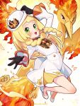  1girl artist_name beak black_gloves blonde_hair brown_eyes cosplay dress fire gloves green_eyes hand_on_headwear highres jumping kinocopro knees_up leaf_(champion)_(pokemon) leaf_(pokemon) legs lillie_(pokemon) long_hair looking_at_viewer moltres open_mouth pokemon pokemon_(creature) pokemon_masters_ex pokemon_sm short_twintails sparkle talons twintails twitter_username white_dress white_footwear white_headwear wings 