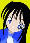  1girl :o black_hair blue_eyes blue_shirt commentary distortion head_tilt highres long_hair looking_at_viewer original parted_lips portrait shirt simple_background solo straight_hair urokogaran yellow_background 