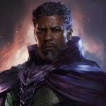  1boy 21xfour armor beard cape commentary dark-skinned_male dark_skin denzel_washington english_commentary facial_hair green_armor grey_hair highres kang_the_conqueror looking_at_viewer male_focus marvel marvel_cinematic_universe purple_cape realistic solo 