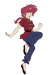  1girl black_footwear blue_eyes braid braided_ponytail breasts chinese_clothes full_body happy highres open_mouth ranma-chan ranma_1/2 red_shirt redhead sarracenian shirt simple_background solo tangzhuang white_background 