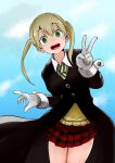  1girl absurdres blonde_hair gloves green_eyes green_necktie highres long_hair long_sleeves looking_at_viewer maka_albarn mumyouki necktie open_mouth plaid plaid_skirt pleated_skirt skirt smile solo soul_eater striped_necktie twintails v white_gloves 