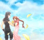  1boy 1girl aerith_gainsborough armor belt black_footwear black_gloves black_hair black_pants black_ribbon blue_sky bouquet bow brown_hair button_dress closed_eyes clouds cloudy_sky couple cropped_jacket curly_hair day dress falling_petals final_fantasy final_fantasy_vii flower gloves green_eyes grin hair_bow hair_ribbon hand_on_own_hip hand_up happy highres holding holding_bouquet holding_hands jacket leaning_forward long_dress long_hair multiple_belts open_clothes open_jacket open_mouth outdoors pants parted_bangs pauldrons petals pink_bow pink_dress pink_ribbon ponytail reaching_towards_another ream_(arua) red_jacket ribbon shoulder_armor sidelocks sky smile spiky_hair standing suspenders yellow_flower yellow_petals zack_fair 