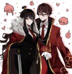  1boy 1girl black_jacket brown_hair coat coat_on_shoulders collared_shirt cowboy_shot fire hair_bun heart highres husband_and_wife jacket kasyoku_bear library_of_ruina long_sleeves looking_at_viewer lowell_(project_moon) necktie project_moon red_coat red_eyes red_necktie redhead shirt sidelocks white_shirt xiao_(project_moon) 