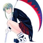  1girl artist_request blonde_hair closed_mouth full_body gloves green_eyes green_necktie highres holding holding_scythe legs long_hair long_sleeves looking_at_viewer maka_albarn necktie plaid plaid_skirt pleated_skirt scythe simple_background skirt smile solo soul_eater striped_necktie twintails white_background white_gloves 