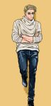  1boy blonde_hair crossed_arms denim foot_against_wall goggles highres jeans jujutsu_kaisen looking_at_viewer male_focus mineco000 nanami_kento pants short_hair solo standing standing_on_one_leg sweater watch watch white_sweater yellow_background 