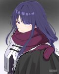  1girl absurdres alternate_costume angry asiri_senpai blunt_bangs braid clothes_pull coat commentary english_commentary genshin_impact gradient_background highres long_hair long_sleeves looking_at_viewer low_ponytail mittens mole mole_under_eye pov purple_hair purple_mittens raiden_shogun red_scarf scarf sidelocks signature simple_background single_braid v-shaped_eyebrows violet_eyes winter_clothes winter_coat 