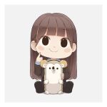  brown_eyes brown_footwear brown_hair brown_shirt chibi finger_to_cheek highres idol light_blush matsuo_miyu nogizaka46 real_life shirt sitting smile yukka_(nthi05) 