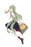  1girl ahoge ankle_socks arms_behind_back bag blue_skirt bread bread_slice brown_bag brown_footwear collared_shirt food food_in_mouth fried_egg from_side full_body green_hair h_kawa holding holding_bag long_hair long_sleeves looking_at_viewer miniskirt mouth_hold neckerchief original pleated_skirt red_neckerchief red_socks school_bag school_uniform shirt shoes simple_background skirt socks solo toast toast_in_mouth very_long_hair white_background white_shirt white_sleeves 