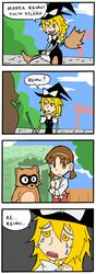  blonde_hair comic crossover drawfag finnish japanese_clothes kiki_kaikai kirisame_marisa manuke_(kiki_kaikai) miko sayo_(kiki_kaikai) tanuki tears touhou translated yellow_eyes 