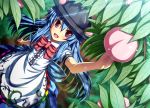  1girl akashio_(loli_ace) apron blue_hair bow dress dutch_angle food from_above fruit hat hinanawi_tenshi long_hair peach red_eyes solo touhou tree 