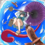  bird blue_eyes blue_hair heterochromia highres kado karakasa karakasa_obake oriental_umbrella red_eyes short_hair solo tatara_kogasa tongue touhou umbrella 