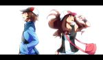  bag baseball_cap blue_eyes brown_eyes brown_hair hat jacket letterboxed looking_up pokemon pokemon_(game) pokemon_black_and_white pokemon_bw ponytail sayuma touko_(pokemon) touya_(pokemon) vest wristband 