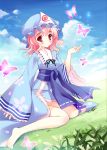  barefoot butterfly hat mamita pink_eyes pink_hair saigyouji_yuyuko short_hair solo touhou 