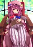  armchair book bow bowtie colored_eyelashes crescent crescent_moon eyelashes fingernails hair_bow hat kuro_minamo long_hair open_book patchouli_knowledge purple_eyes purple_hair red_eyes robe sitting solo striped touhou violet_eyes window 