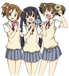  arafuji black_hair brown_eyes brown_hair doughnut hirasawa_ui k-on! long_hair multiple_girls nakano_azusa school_uniform short_hair suzuki_jun twintails wink 