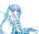  alternate_color alternate_hair_color blue_eyes blue_hair cirno cirno_(cosplay) detached_sleeves hatsune_miku ice ice_wings light_smile long_hair necktie simple_background skirt smile snow snowflakes solo touhou tucana twintails very_long_hair vocaloid wings 